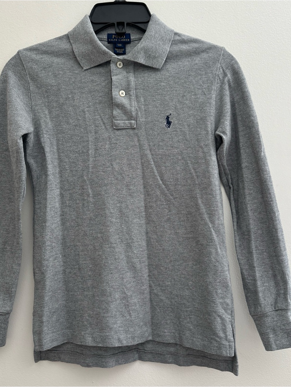 Ralph Lauren Boys Polo Shirt Long Sleeve Size 8 Gray Navy Embroidered Logo